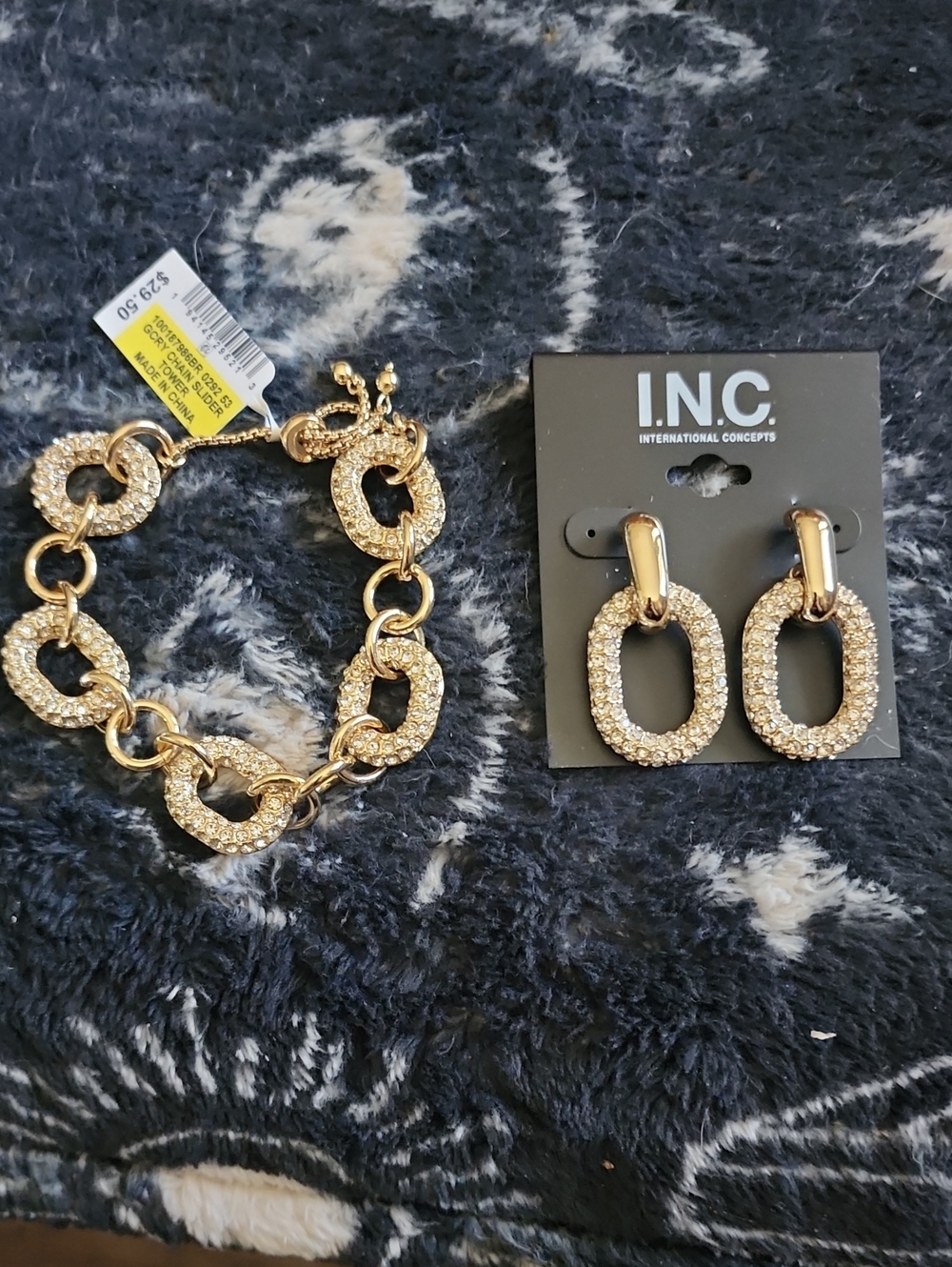 INC International Concepts Gold Pavé Link Bracelet and Drop Earrings Set